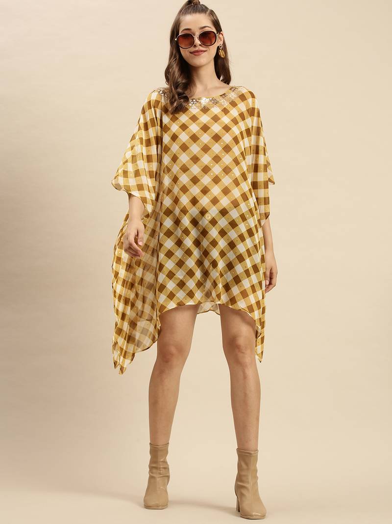 Gold Checked Floral Design Stone Work Kaftan