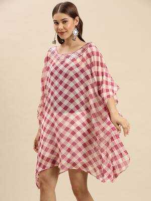 Purple Checked Floral Design Stone Work Kaftan 2