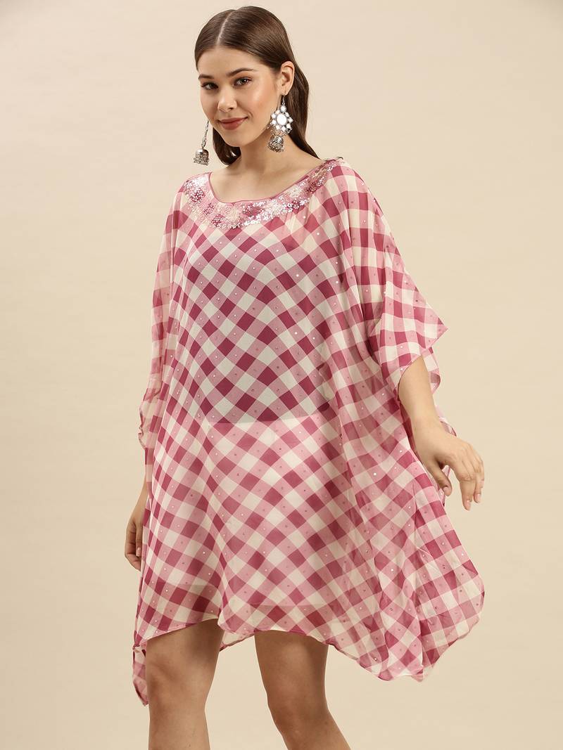Purple Checked Floral Design Stone Work Kaftan