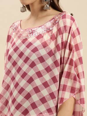 Purple Checked Floral Design Stone Work Kaftan 4