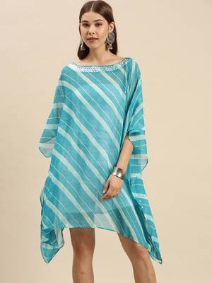 Blue Striped Floral Design Stone Work Kaftan 1