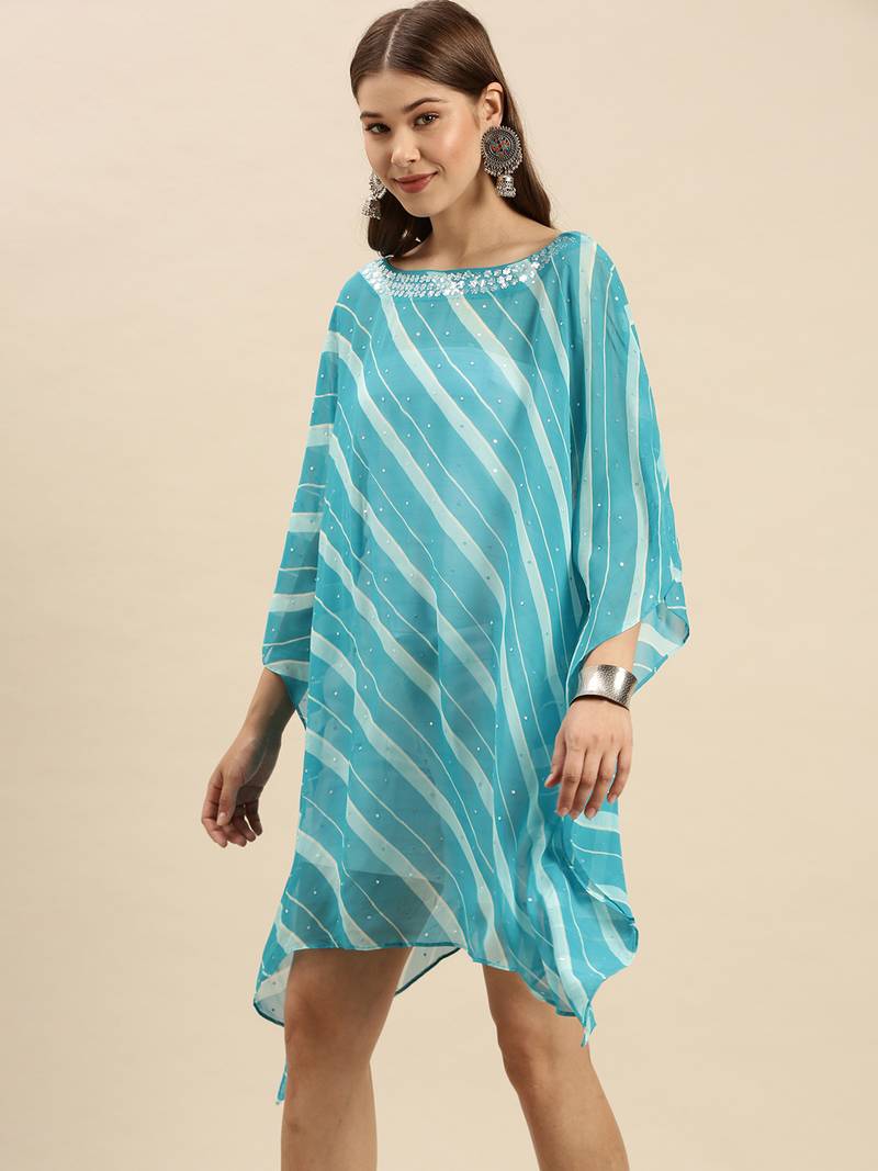 Blue Striped Floral Design Stone Work Kaftan