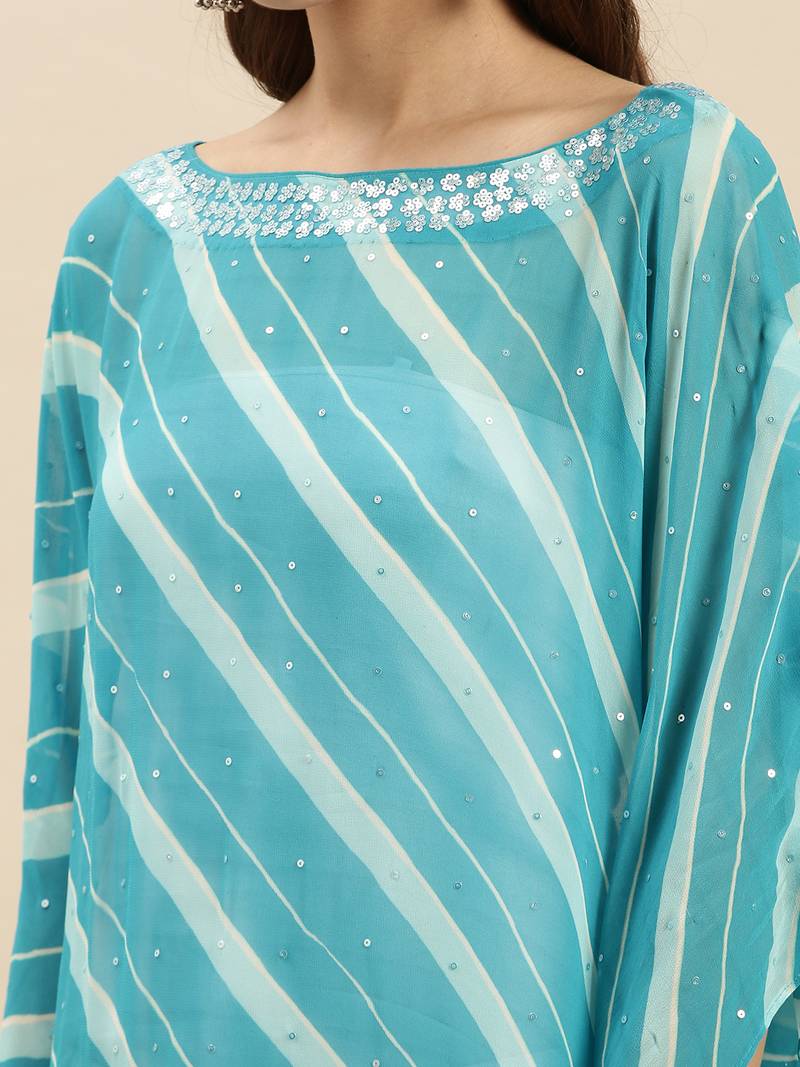 Blue Striped Floral Design Stone Work Kaftan