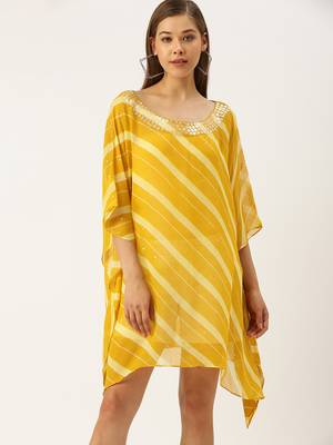 Yellow Striped Floral Design Stone Work Kaftan 1