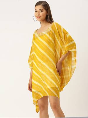 Yellow Striped Floral Design Stone Work Kaftan 2