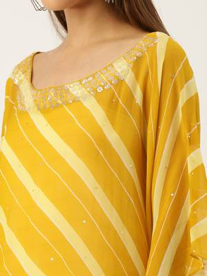 Yellow Striped Floral Design Stone Work Kaftan 4