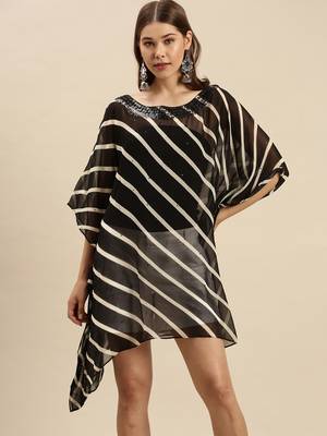 Black Striped Floral Design Stone Work Kaftan 1