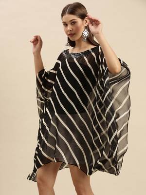 Black Striped Floral Design Stone Work Kaftan 2