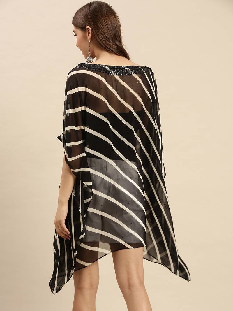 Black Striped Floral Design Stone Work Kaftan