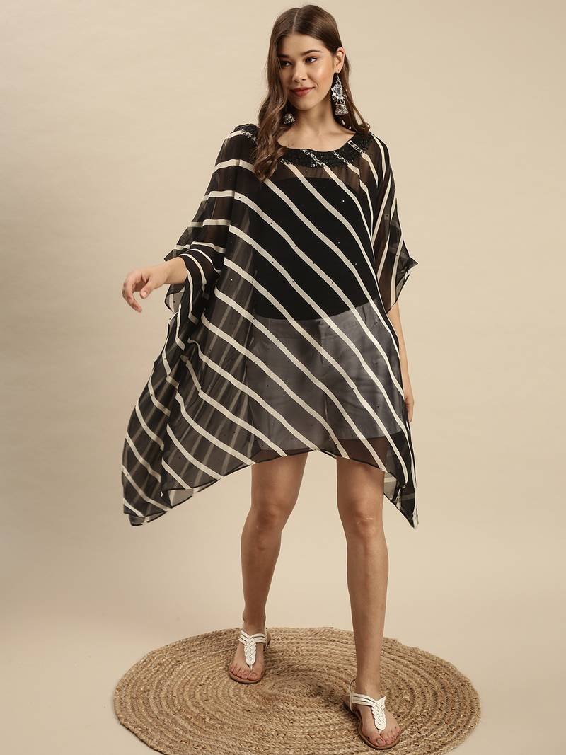 Black Striped Floral Design Stone Work Kaftan