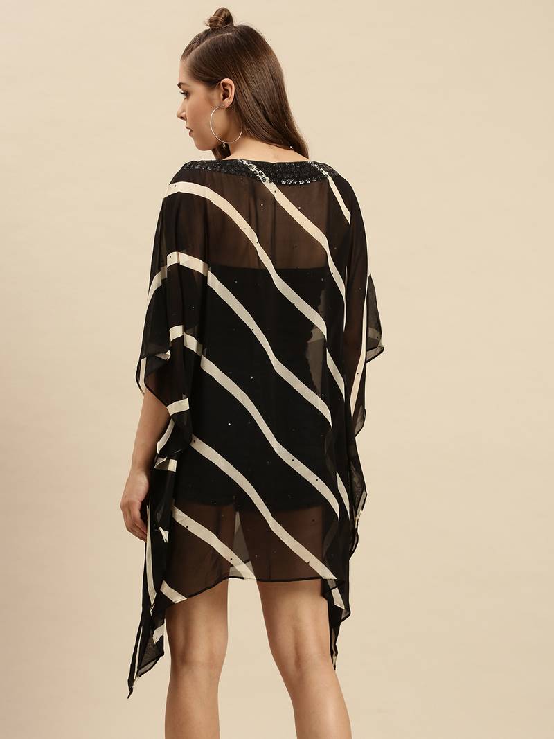 Black Striped Floral Design Stone Work Kaftan