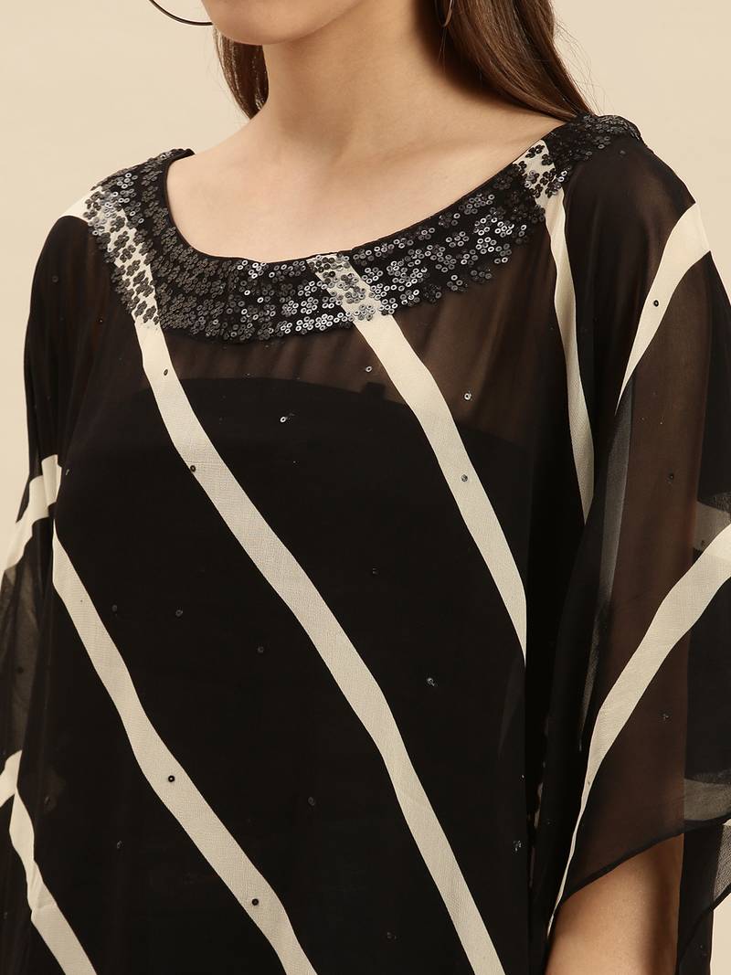 Black Striped Floral Design Stone Work Kaftan