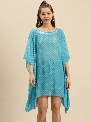 Blue Striped Floral Design Stone Work Kaftan 1