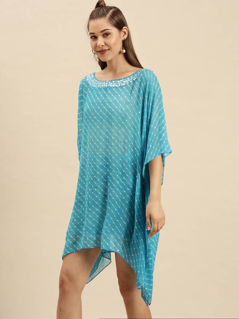 Blue Striped Floral Design Stone Work Kaftan