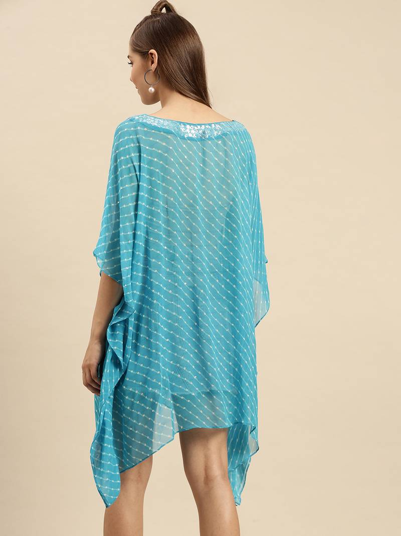 Blue Striped Floral Design Stone Work Kaftan