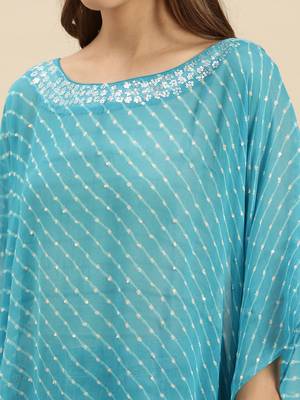 Blue Striped Floral Design Stone Work Kaftan 4