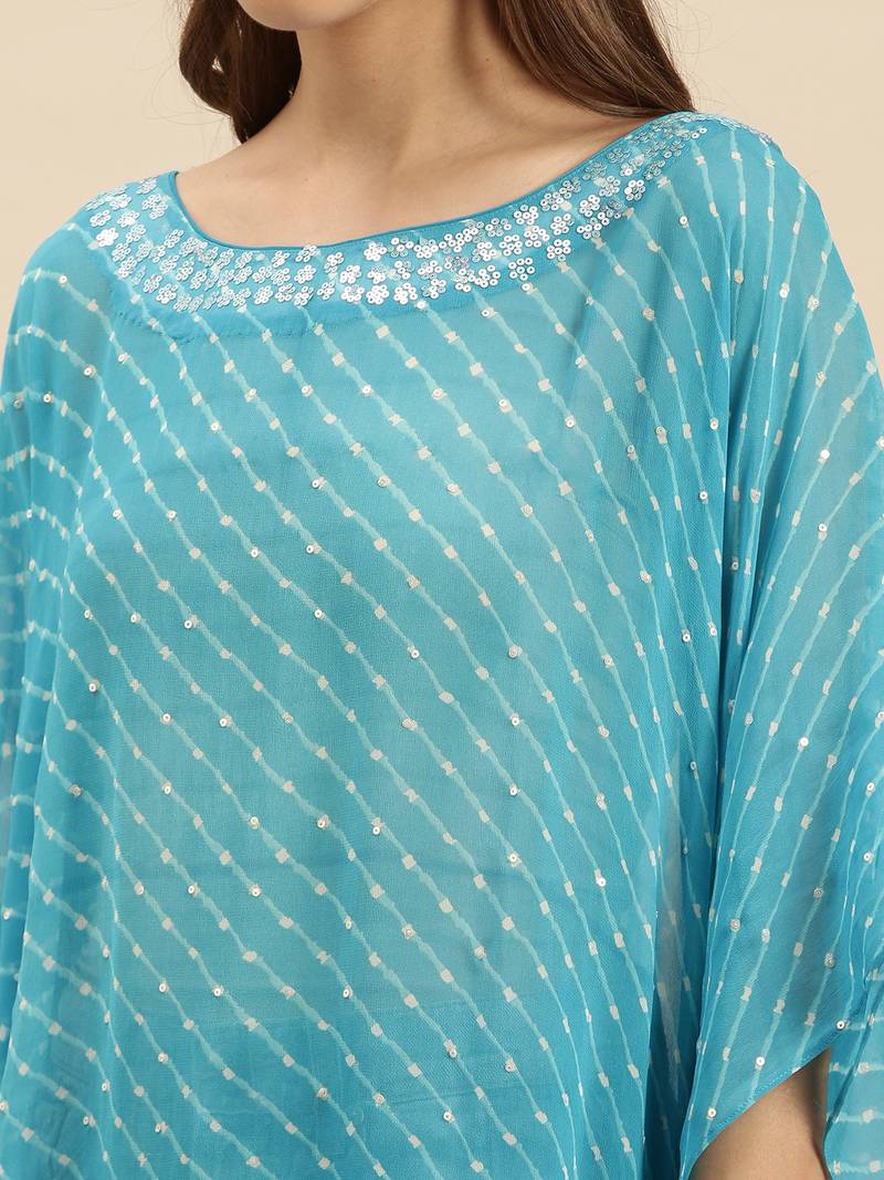Blue Striped Floral Design Stone Work Kaftan