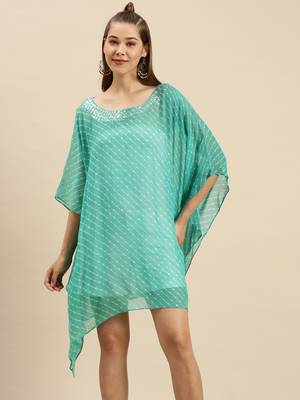 Green Striped Floral Design Stone Work Kaftan 1