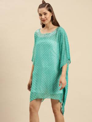 Green Striped Floral Design Stone Work Kaftan 2