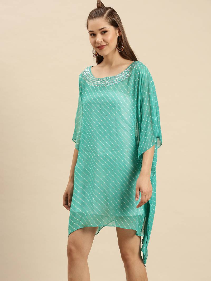 Green Striped Floral Design Stone Work Kaftan