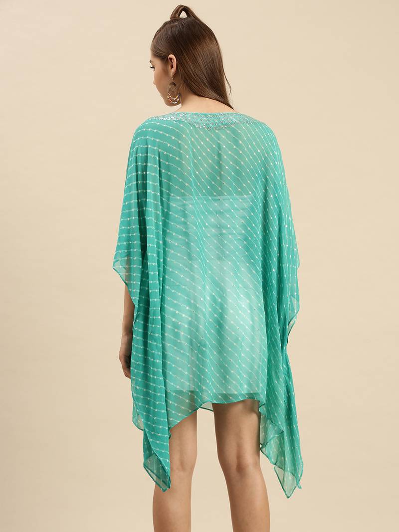 Green Striped Floral Design Stone Work Kaftan