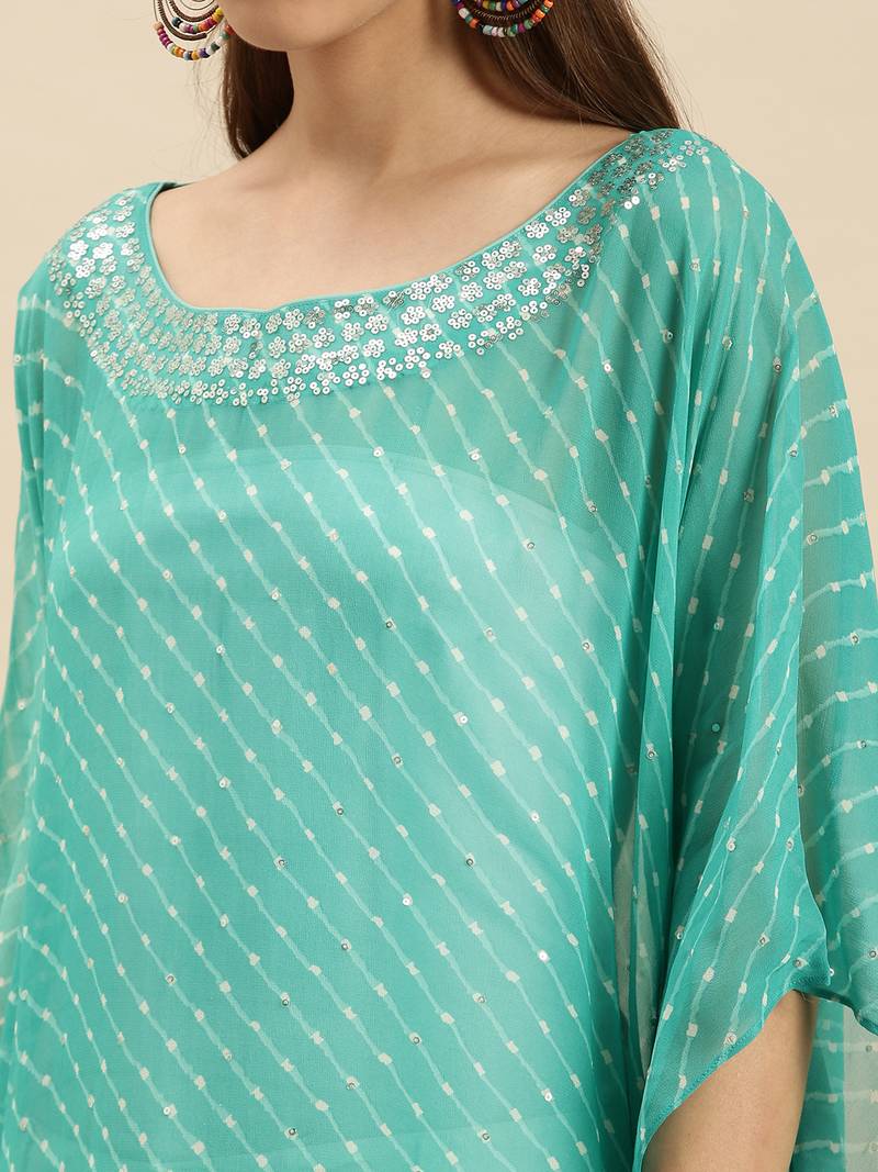 Green Striped Floral Design Stone Work Kaftan