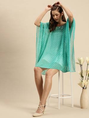 Green Striped Floral Design Stone Work Kaftan 5