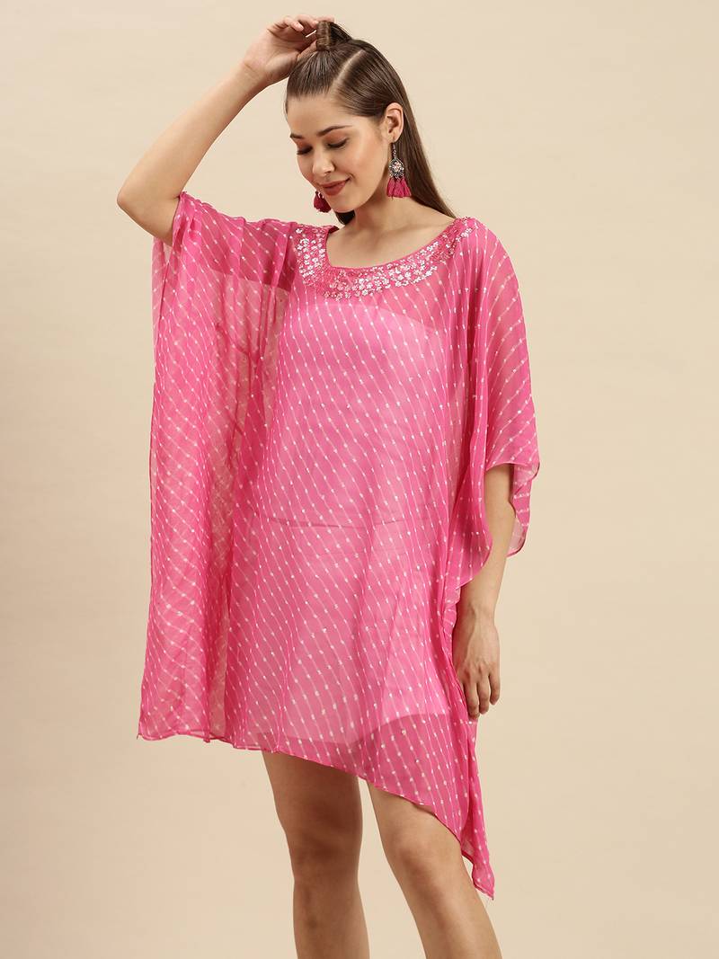 Pink Striped Floral Design Stone Work Kaftan
