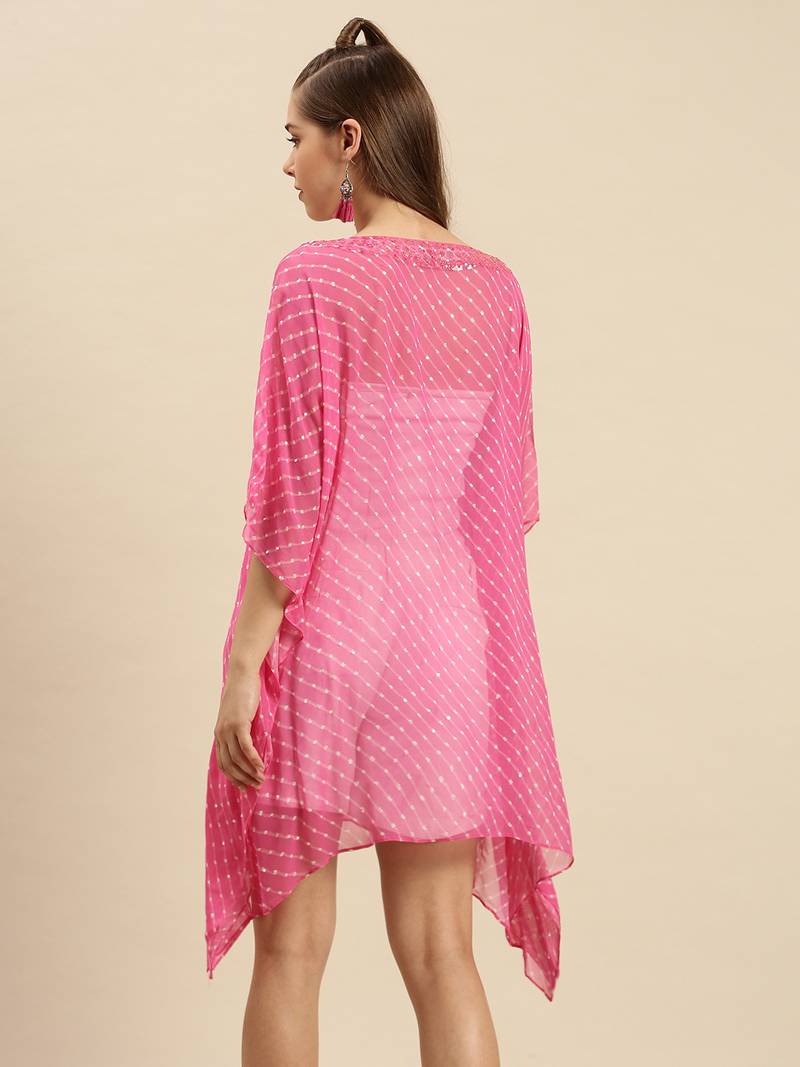 Pink Striped Floral Design Stone Work Kaftan