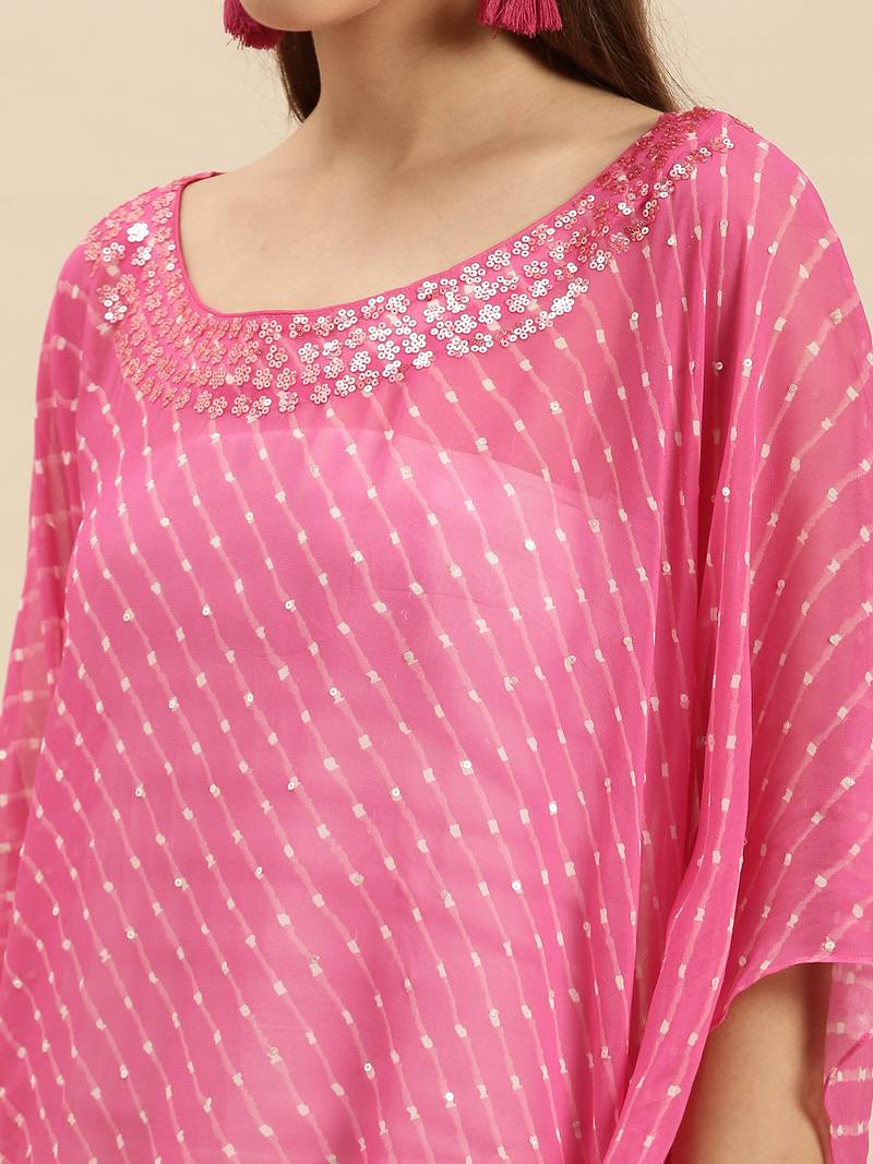 Pink Striped Floral Design Stone Work Kaftan