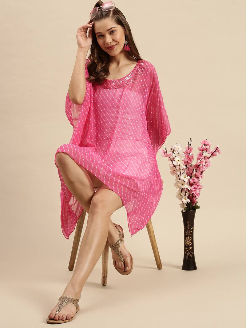 Pink Striped Floral Design Stone Work Kaftan