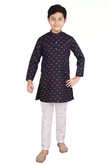 Blue Printed Cotton Boys Kurta Pajama Set