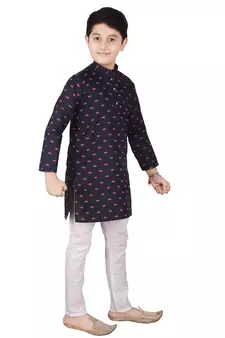 Blue Printed Cotton Boys Kurta Pajama Set