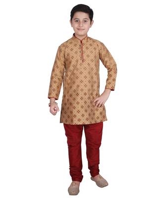 Brown Printed Silk Boys Kurta Pajama Set 1