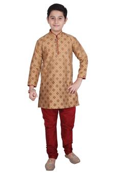 Brown Printed Silk Boys Kurta Pajama Set