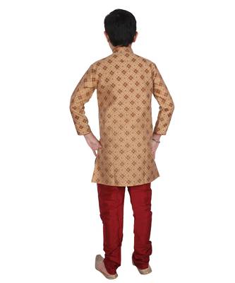 Brown Printed Silk Boys Kurta Pajama Set 2