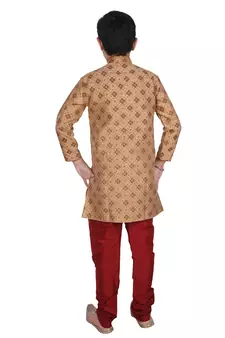 Brown Printed Silk Boys Kurta Pajama Set