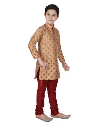 Brown Printed Silk Boys Kurta Pajama Set 3
