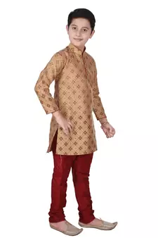 Brown Printed Silk Boys Kurta Pajama Set