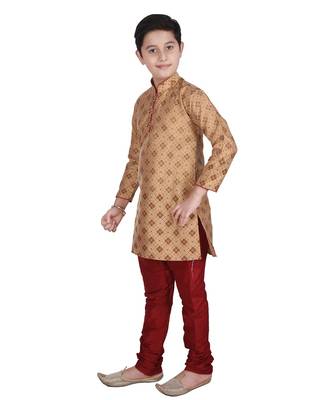 Brown Printed Silk Boys Kurta Pajama Set 4