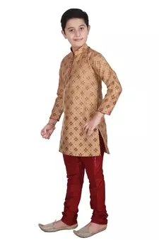 Brown Printed Silk Boys Kurta Pajama Set