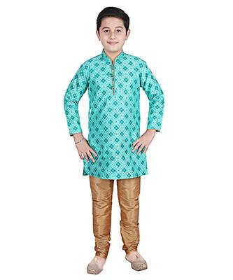 Green Printed Silk Boys Kurta Pajama Set 1