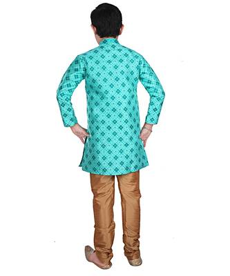 Green Printed Silk Boys Kurta Pajama Set 2