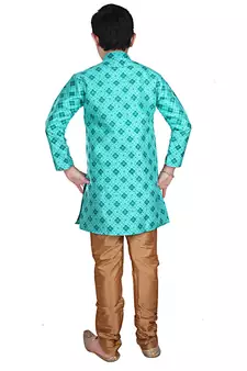 Green Printed Silk Boys Kurta Pajama Set