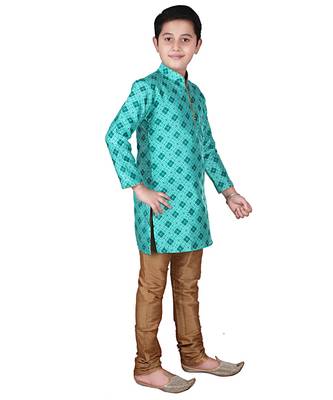 Green Printed Silk Boys Kurta Pajama Set 3