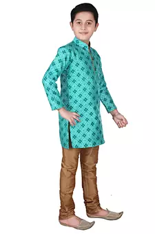 Green Printed Silk Boys Kurta Pajama Set