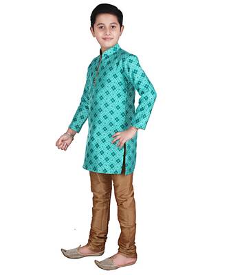 Green Printed Silk Boys Kurta Pajama Set 4