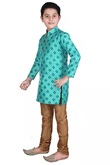 Green Printed Silk Boys Kurta Pajama Set