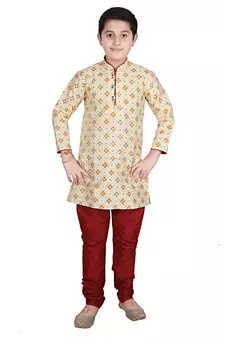 Lemon Printed Silk Boys Kurta Pajama Set