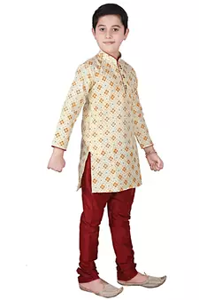 Lemon Printed Silk Boys Kurta Pajama Set